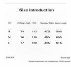 Size introduction chart with clothing measurements in centimeters