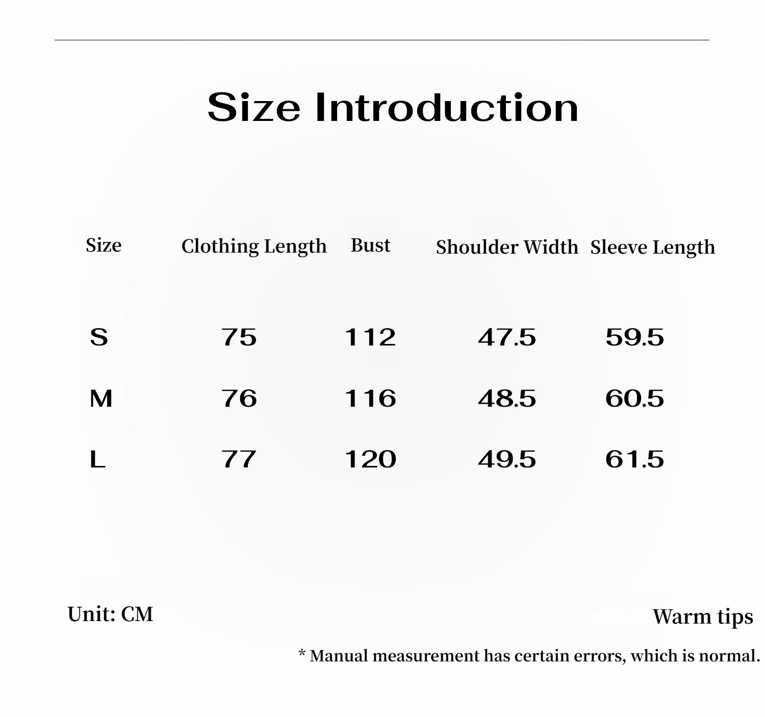 Size introduction chart with clothing measurements in centimeters