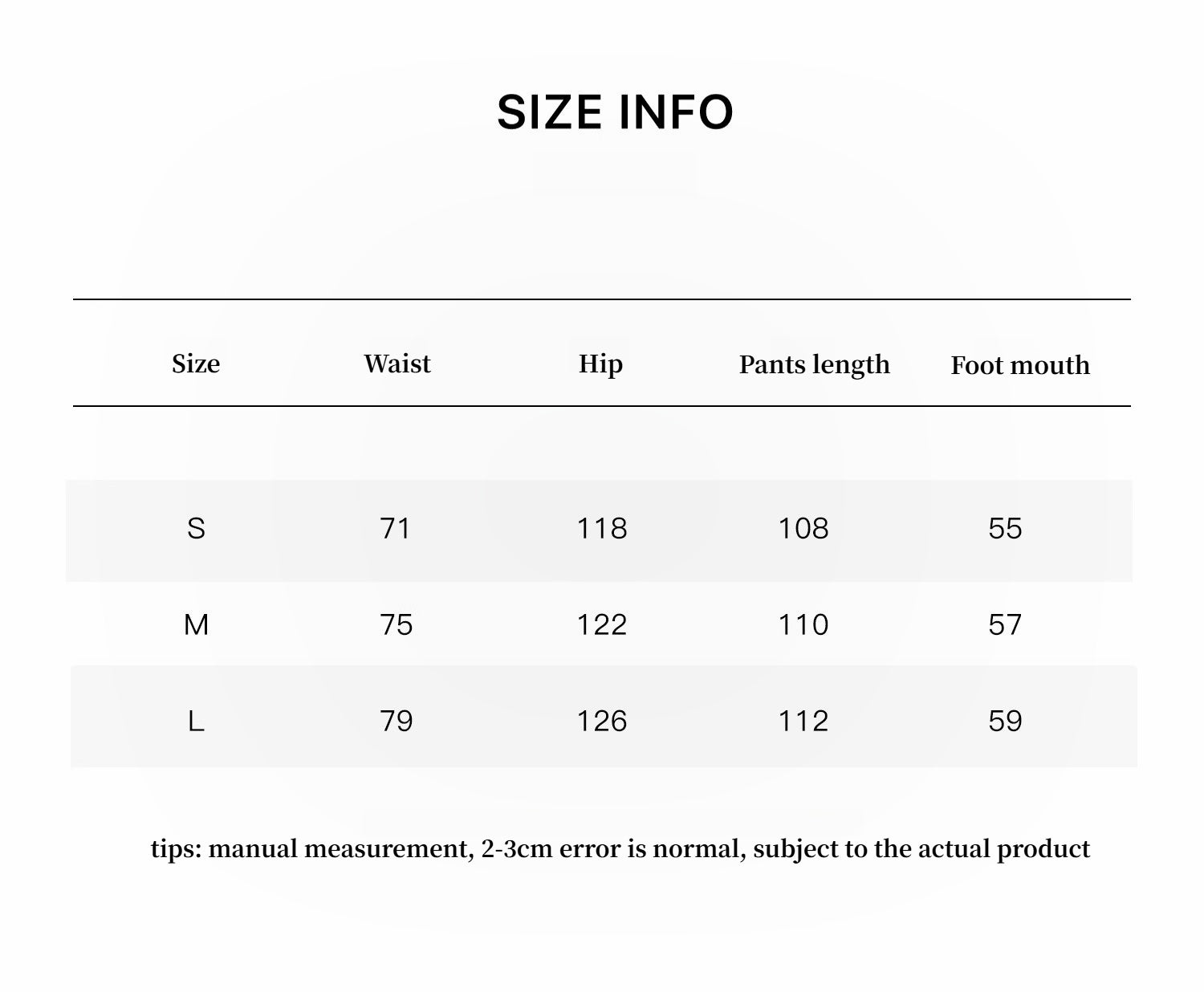 Size chart for clothing with measurements in centimeters