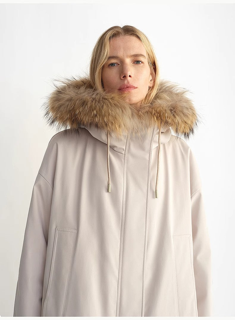 Person wearing a beige parka with a fur-lined hood on a white background