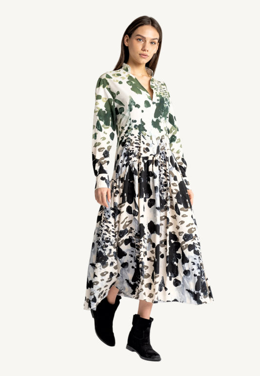 "Agnese Leopard Maxi Dress with ombré leopard print, Split V-neckline, waist-accentuating draping, and buttoned cuffs, crafted in Italy from natural viscose."