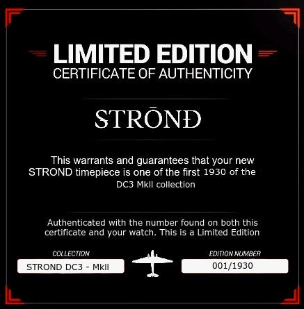 Limited Edition Certificate of Authenticity for STROND timepiece collection