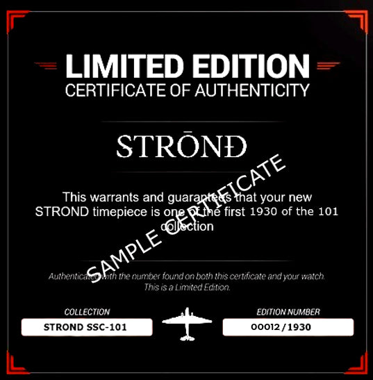 Limited Edition Certificate of Authenticity for a STROND timepiece with red border