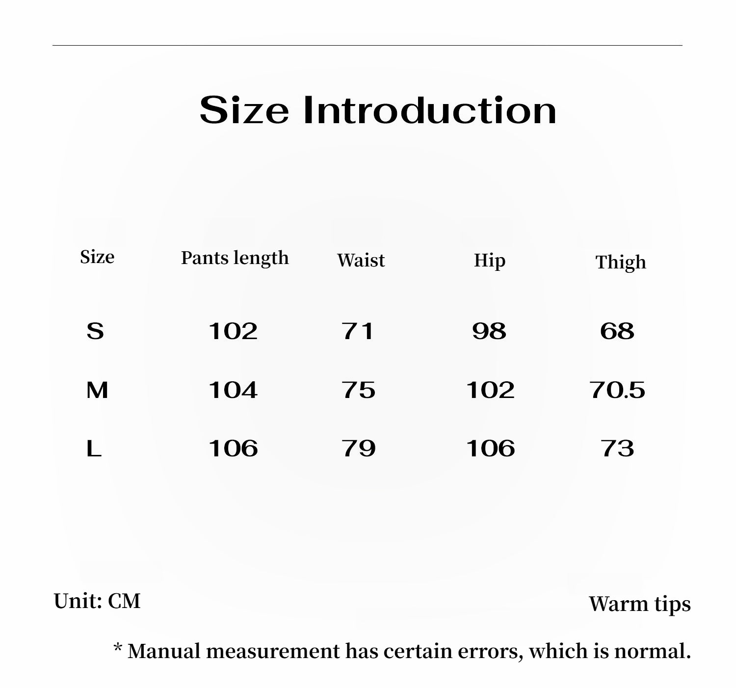 Size introduction chart for pants with measurements in centimeters