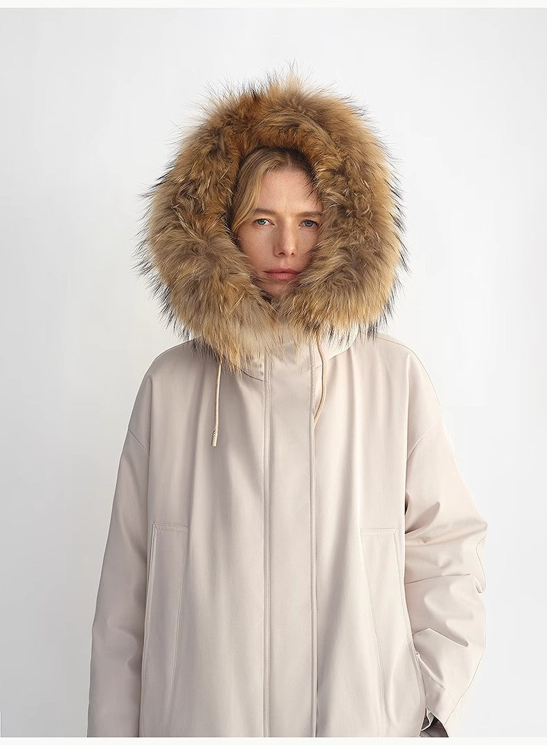 Person wearing a beige parka with a fur-lined hood on a white background