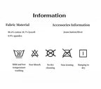 Fabric material and accessories information with symbols and text on a white background