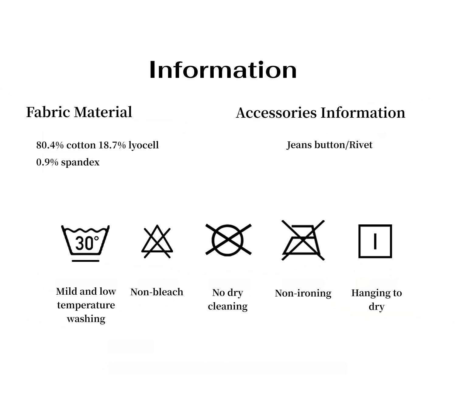 Fabric material and accessories information with symbols and text on a white background