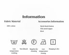 Text and icons detailing fabric material and accessories information on a white background