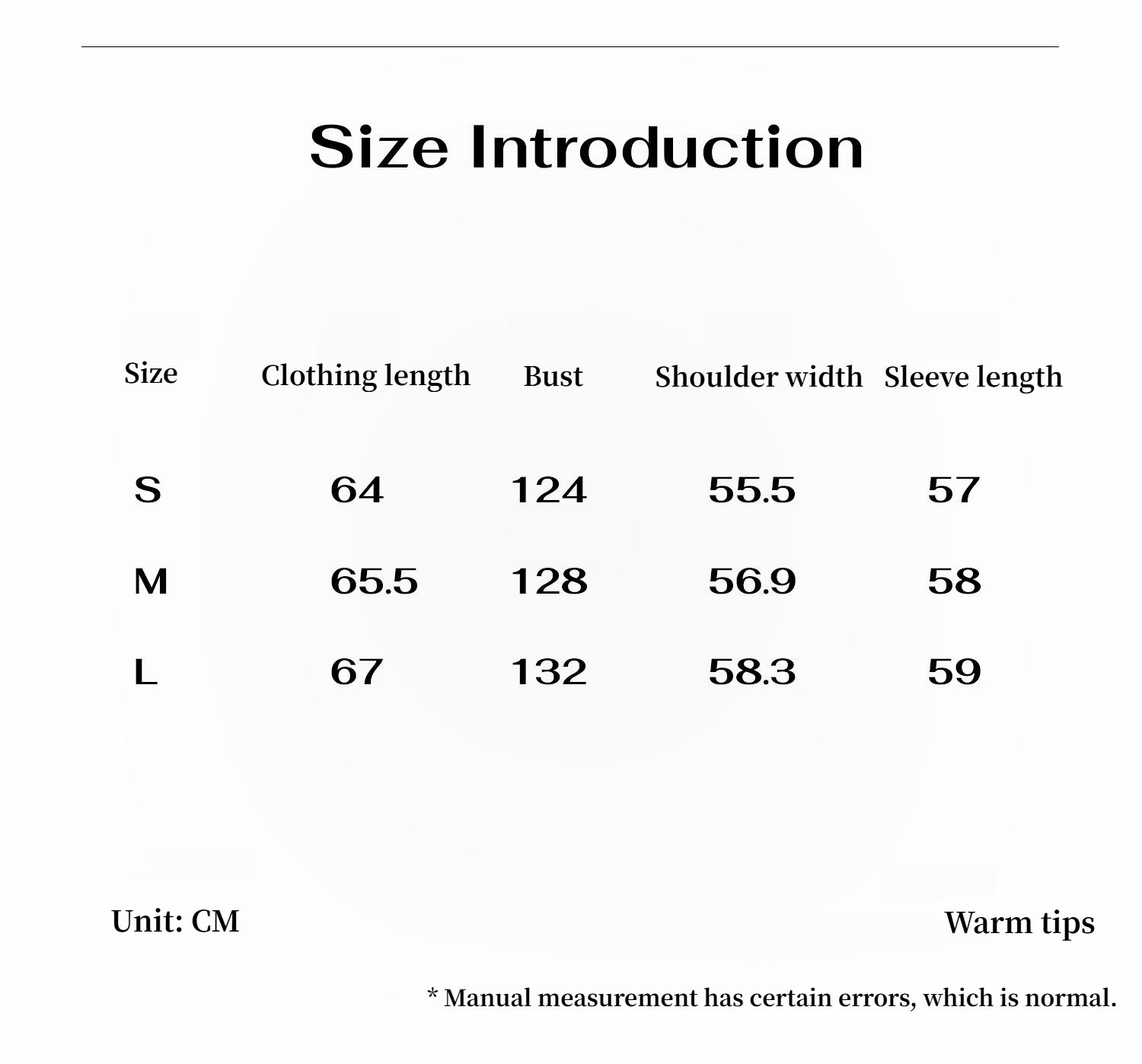 Size introduction chart with clothing measurements in centimeters