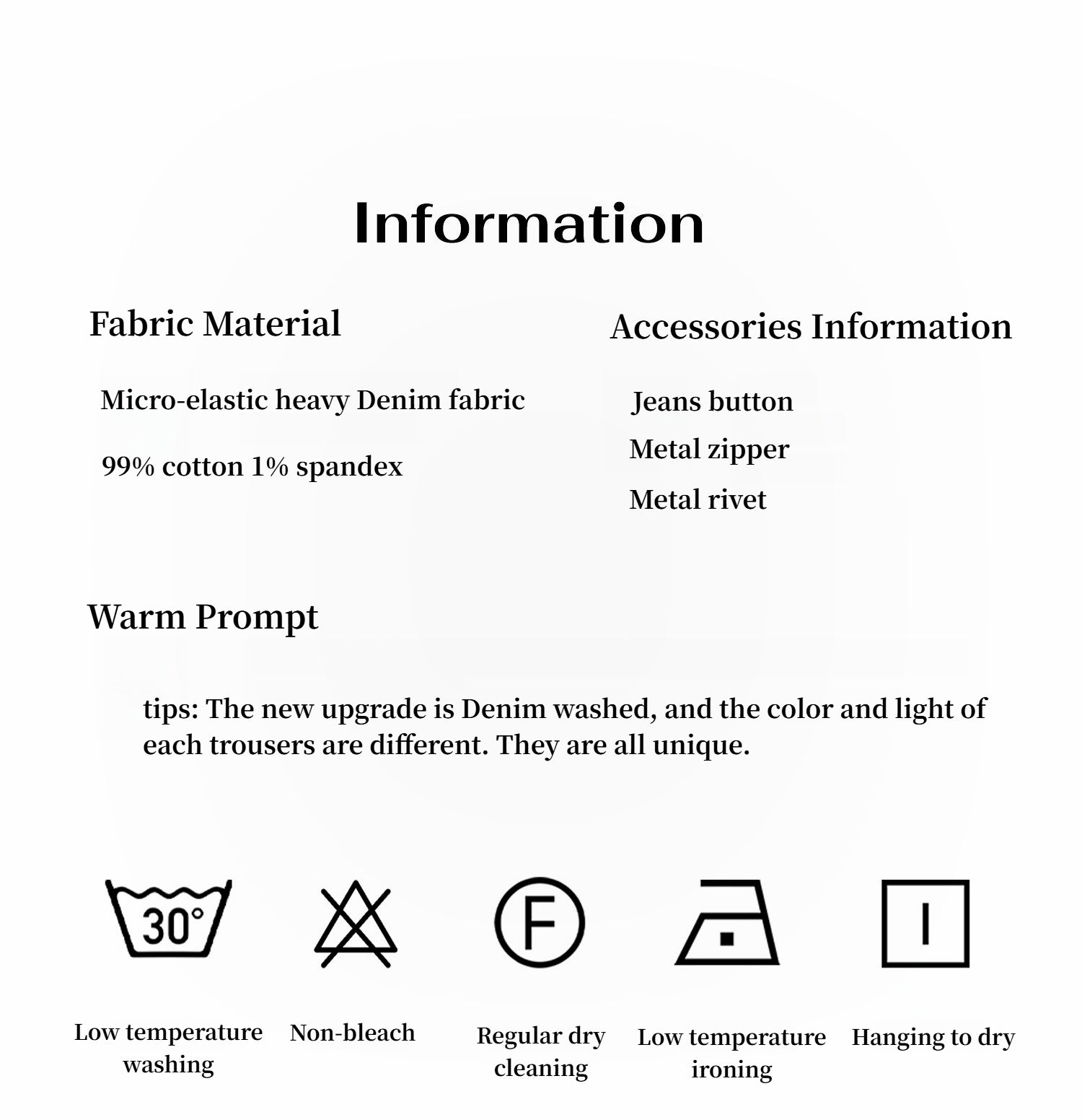 Textual information about fabric material, accessories, and care instructions on a white background.