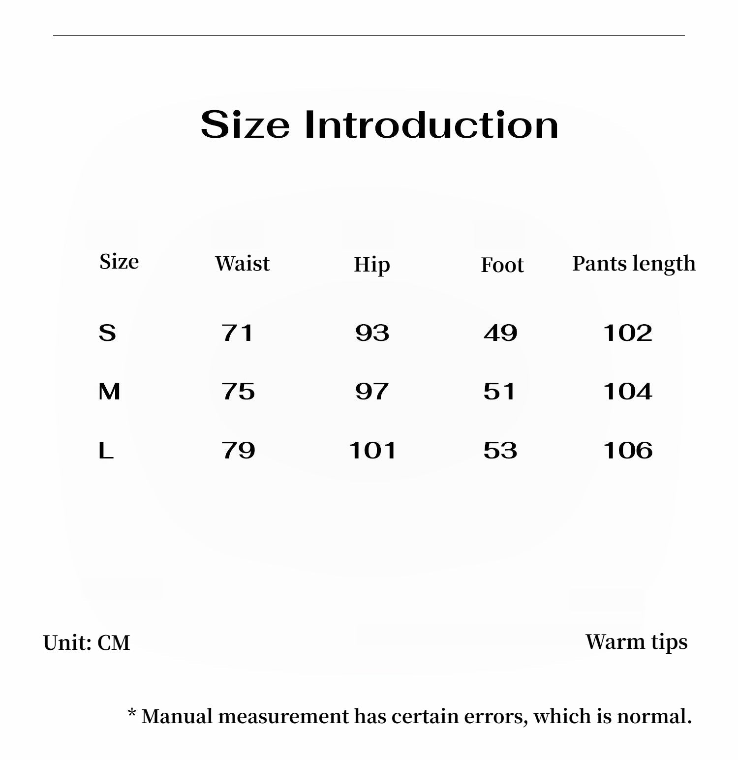 Size chart with measurements in centimeters for waist, hip, foot, and pants length.