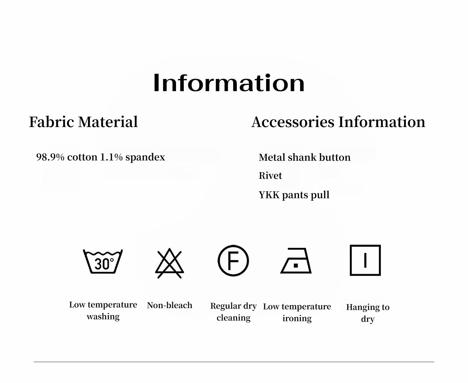 Fabric material and accessories information with icons and text on a white background