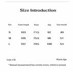 Size introduction chart for pants with measurements in centimeters