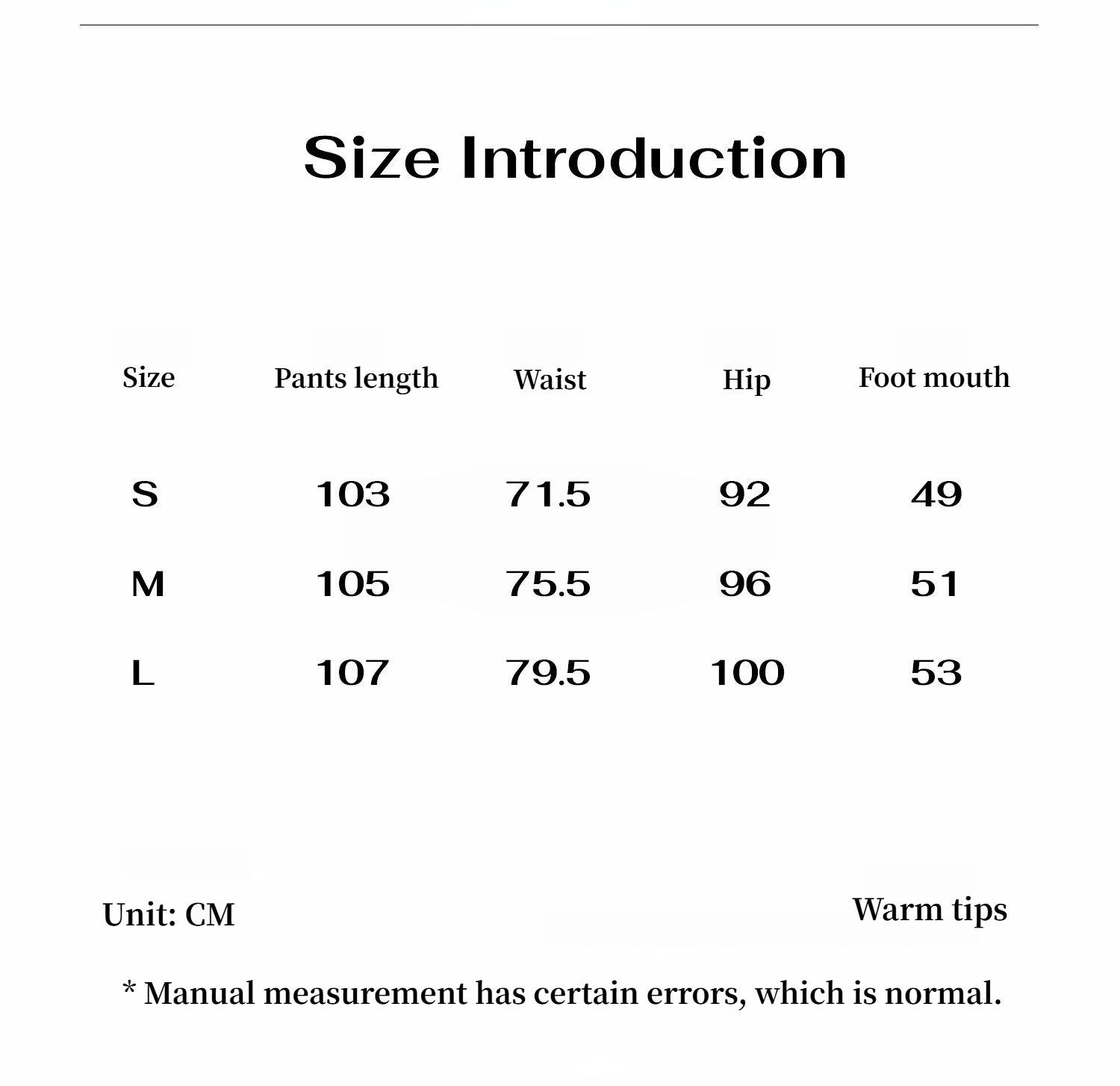 Size introduction chart for pants with measurements in centimeters