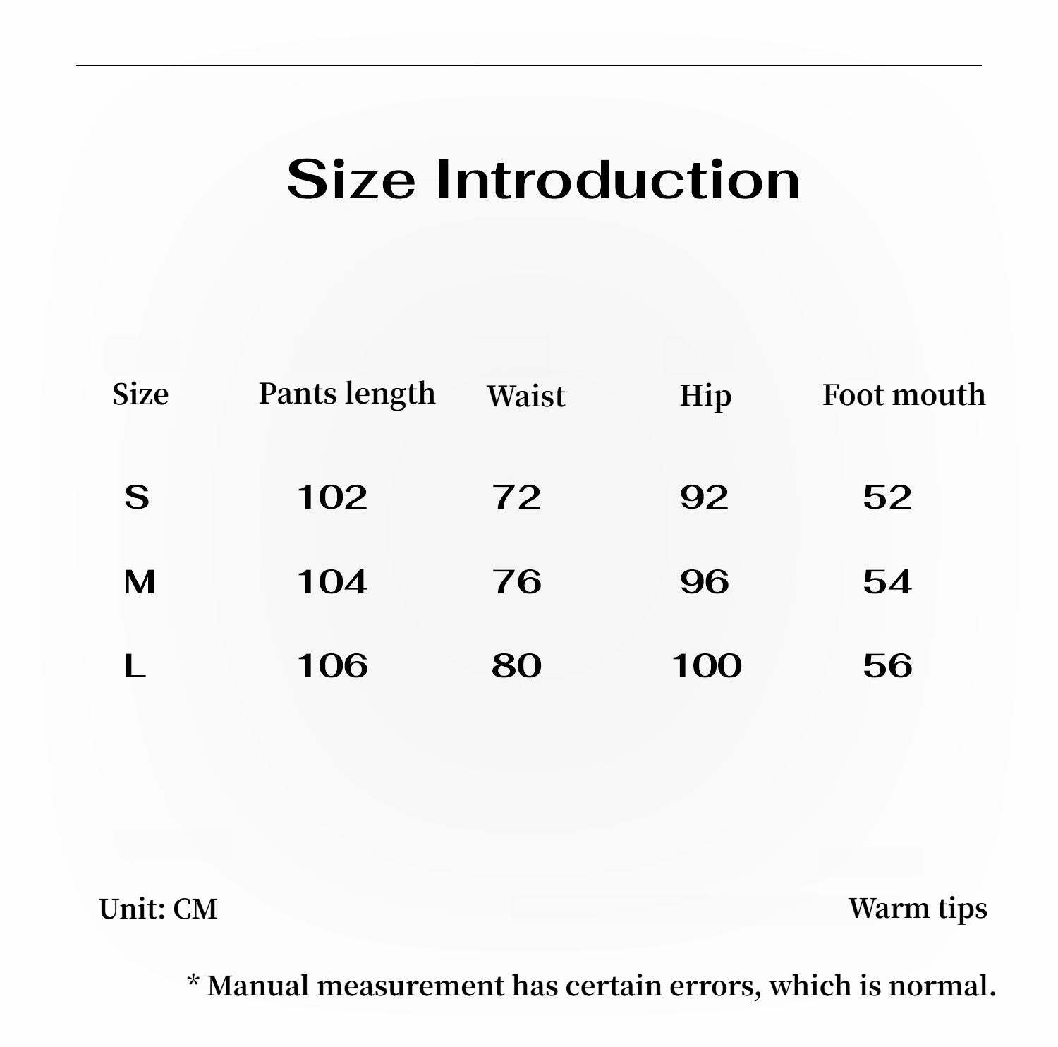 Size introduction chart with pants measurements in centimeters