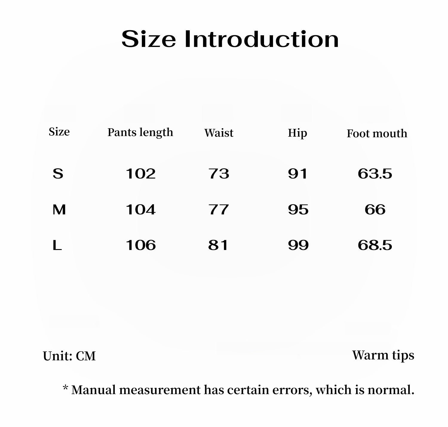 Size chart for pants with measurements in centimeters
