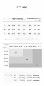 Size chart for clothing with shoulder and bust measurements.