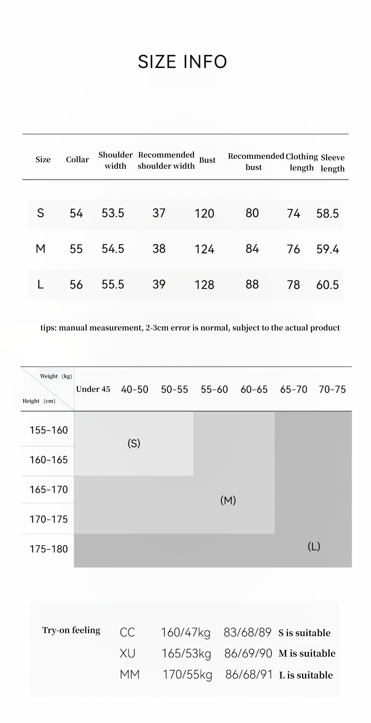 Size chart for clothing with shoulder and bust measurements.