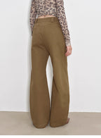 Person wearing brown wide-leg pants with a white background
