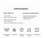 Fabric material and accessories information with icons on a white background