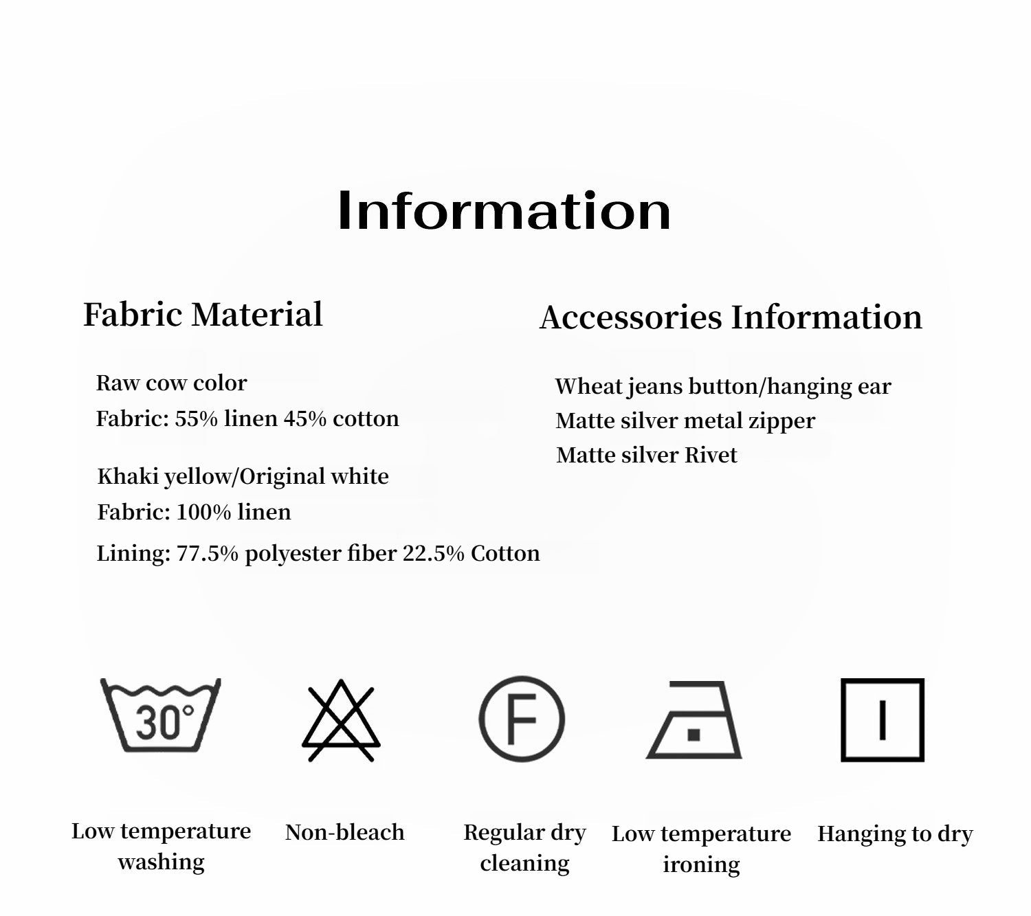 Fabric material and accessories information with icons on a white background