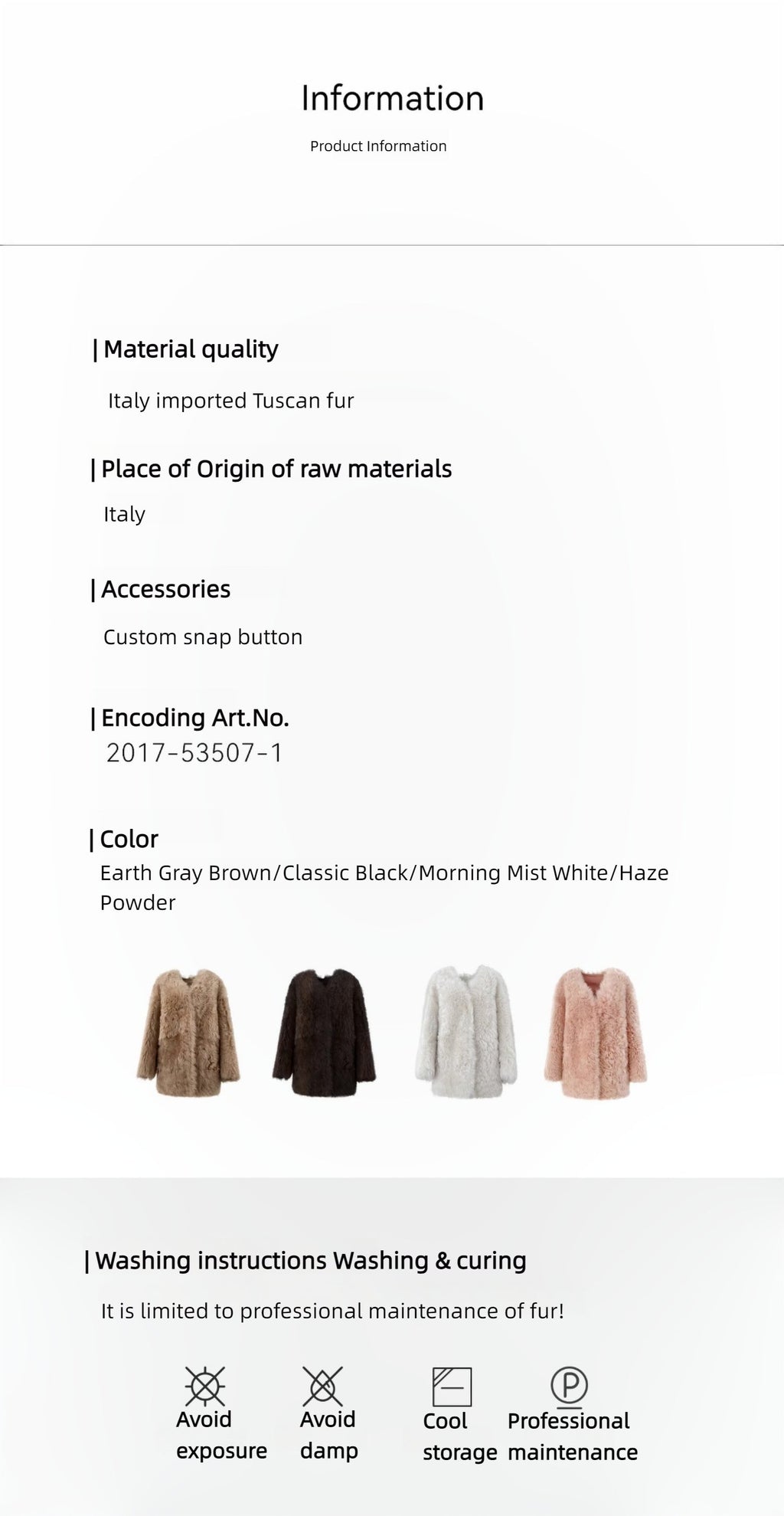 Product information sheet with material details, color options, and washing instructions.