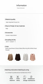Product information sheet with material details, color options, and washing instructions.