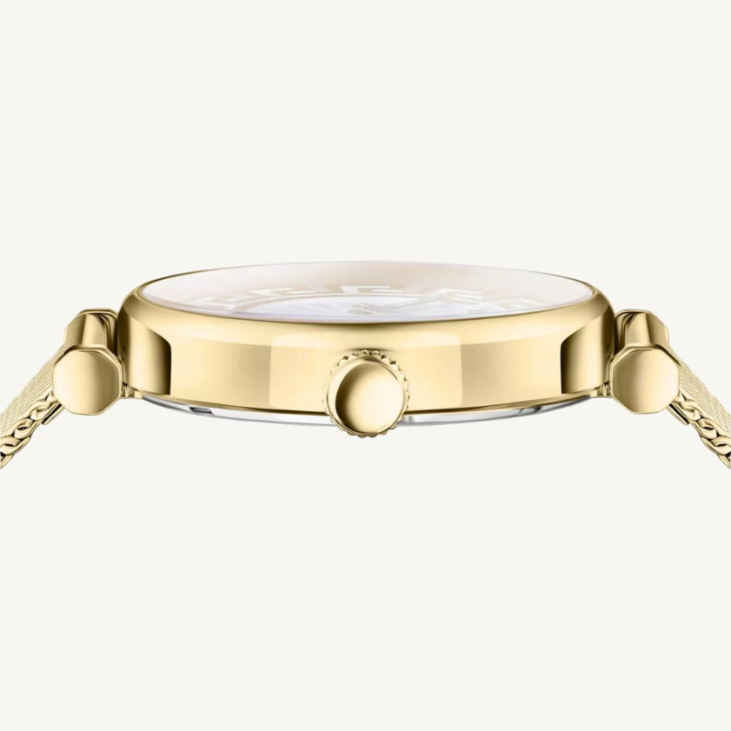 Versace VE1CA0623 Lady ladies watch with gold-tone polished/matte stainless steel case and bracelet, silver-gold dial, sapphire glass – elegant Swiss quartz luxury watch for women.