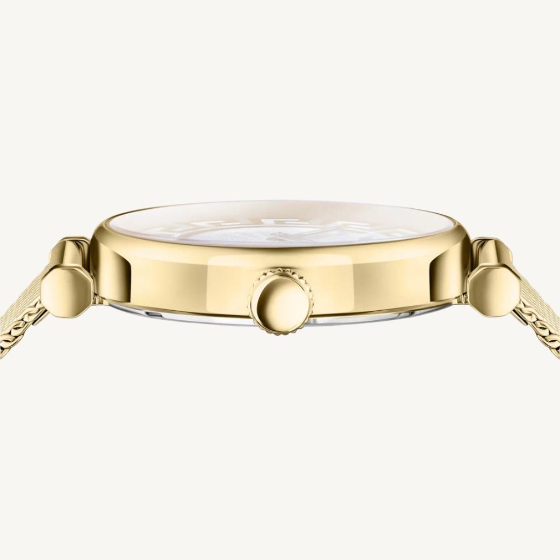 Versace VE1CA0623 Lady ladies watch with gold-tone polished/matte stainless steel case and bracelet, silver-gold dial, sapphire glass – elegant Swiss quartz luxury watch for women.