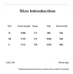 Size introduction chart for pants with measurements in centimeters