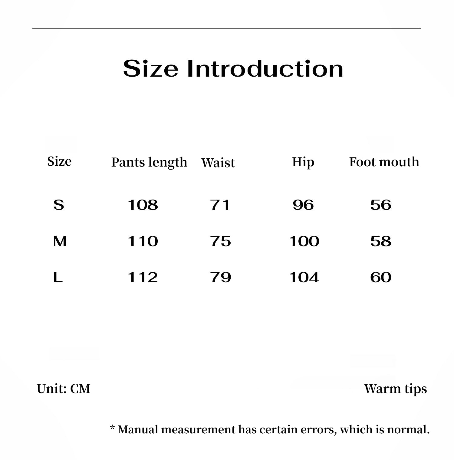 Size introduction chart for pants with measurements in centimeters