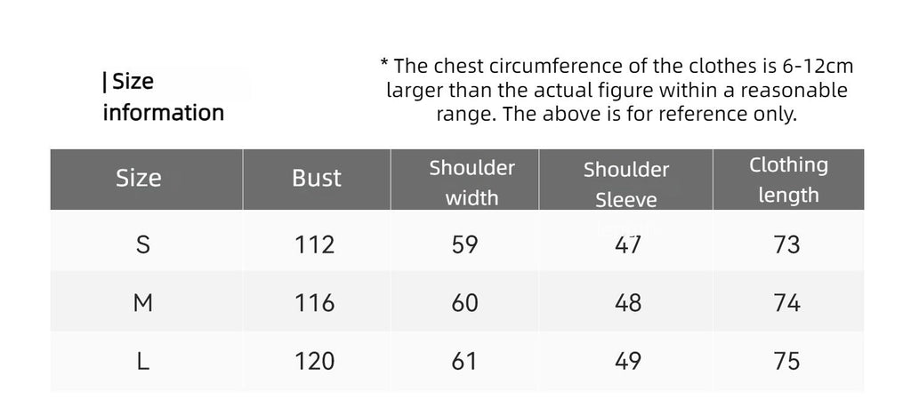 Size chart for clothing with measurements in centimeters