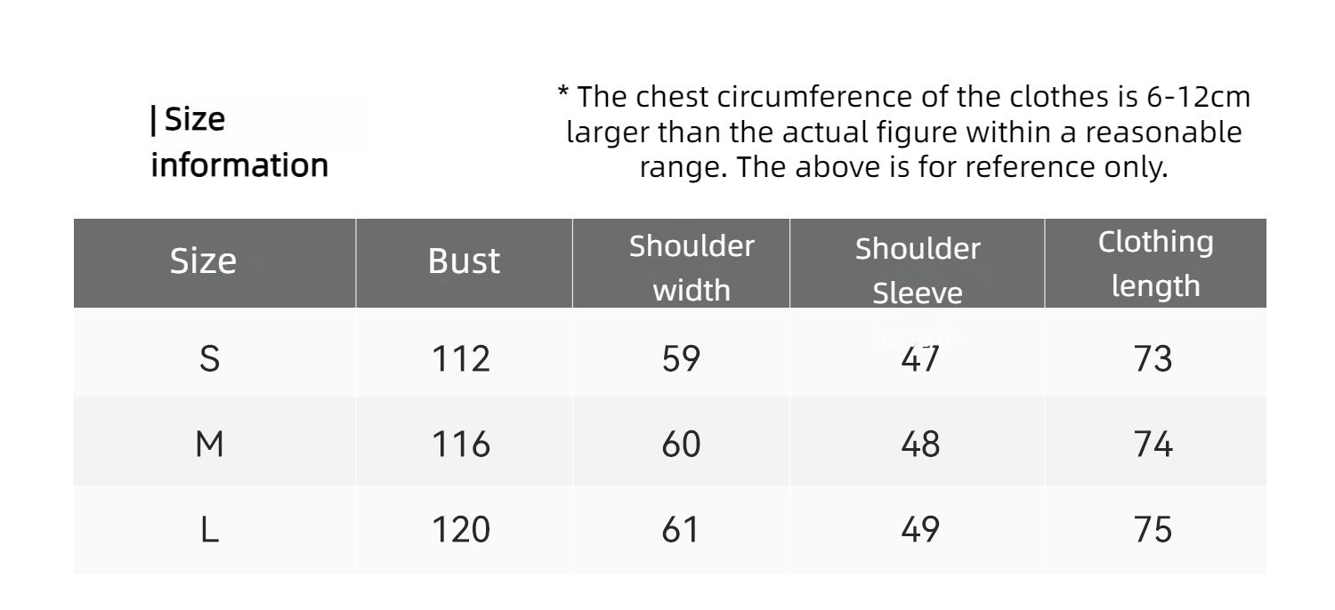 Size chart for clothing with measurements in centimeters
