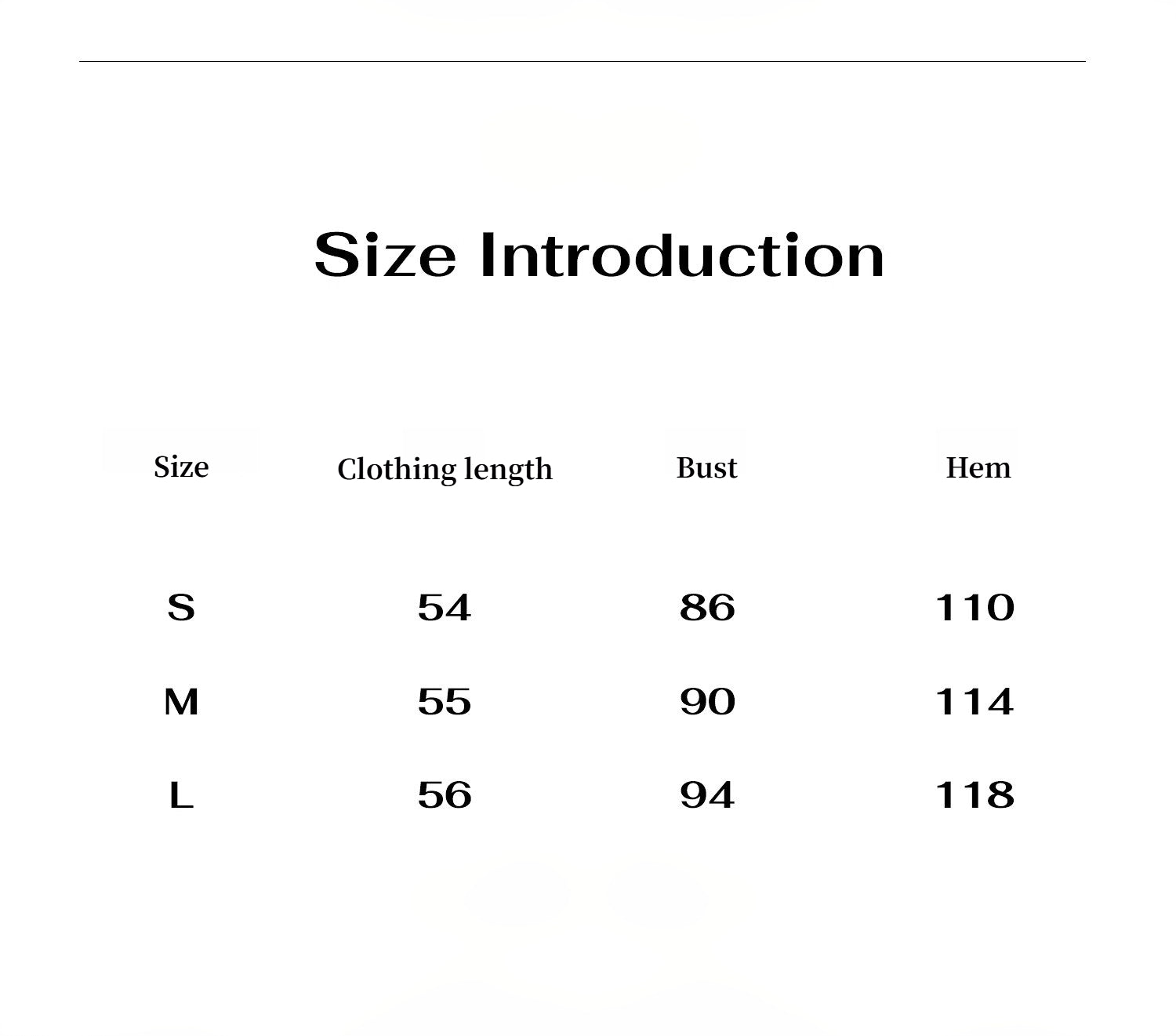 Size introduction chart with clothing measurements for S, M, and L sizes.
