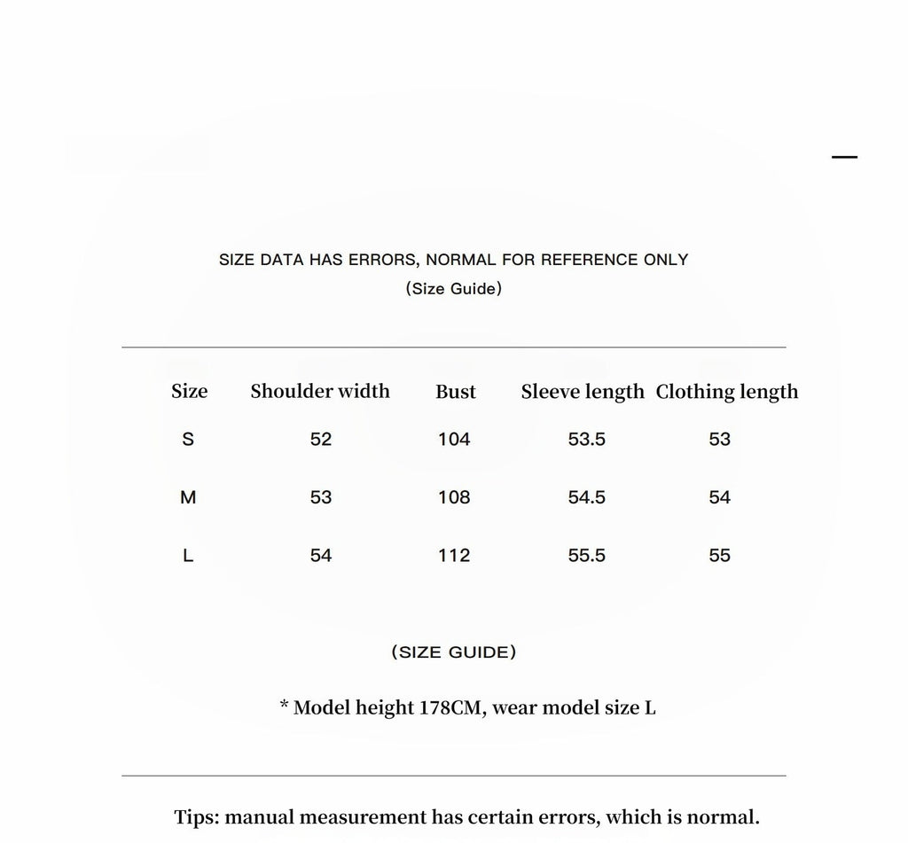 Size guide chart for clothing with measurements in centimeters
