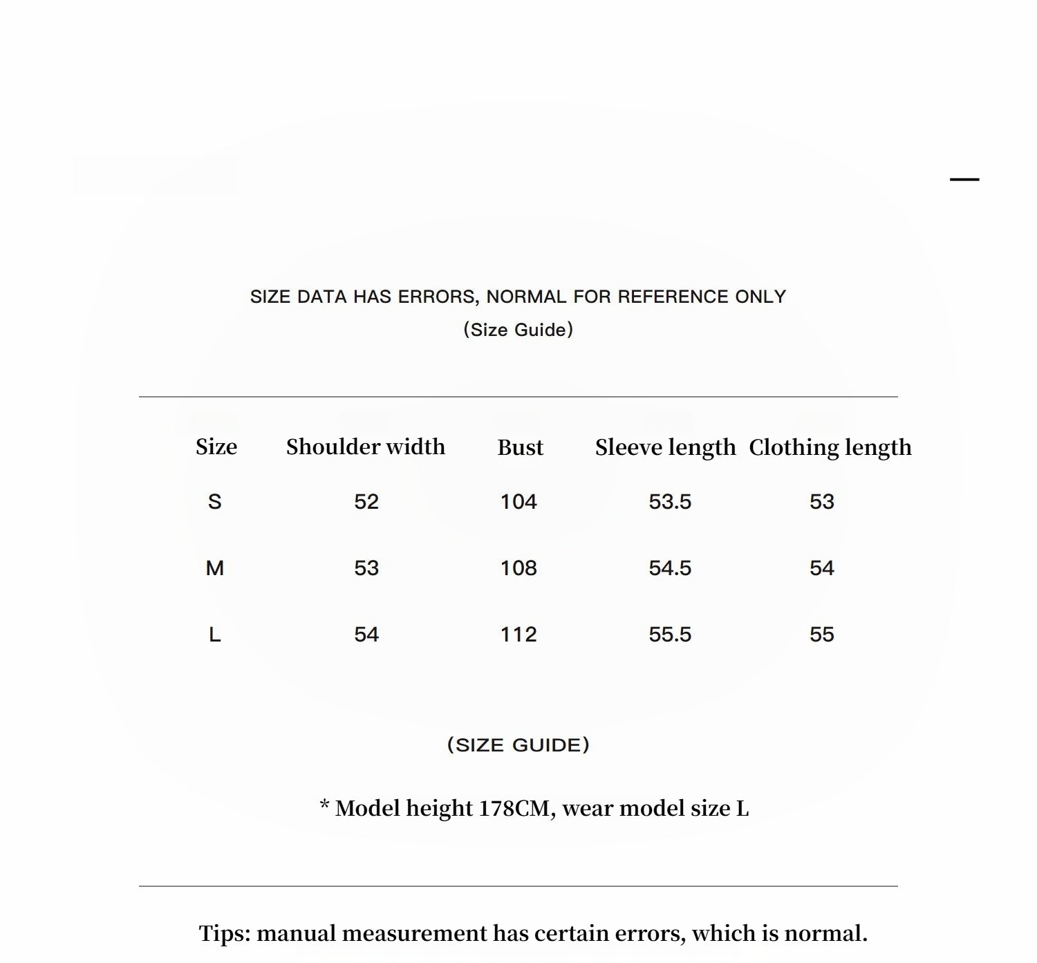 Size guide chart for clothing with measurements in centimeters