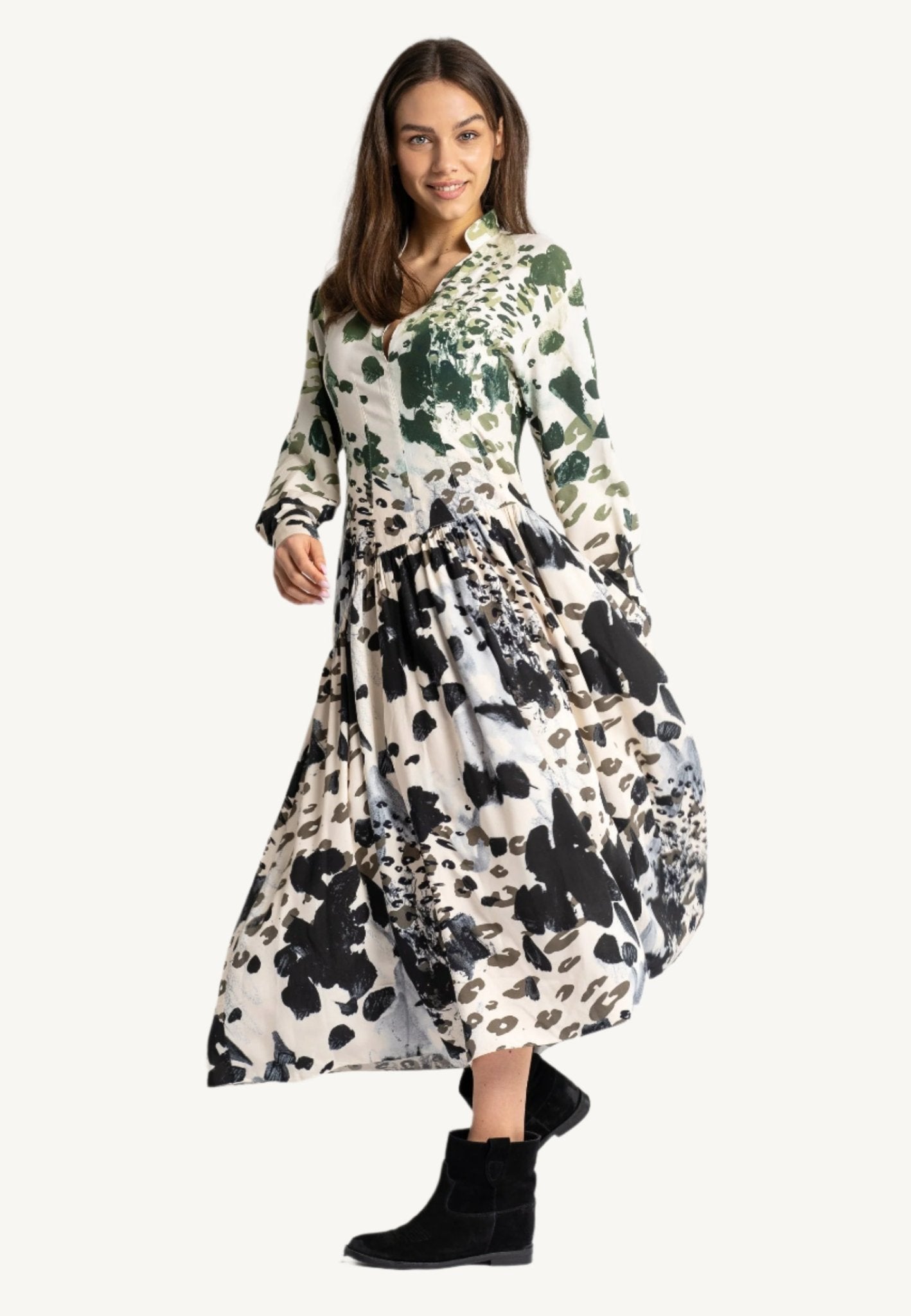 "Agnese Leopard Maxi Dress with ombré leopard print, Split V-neckline, waist-accentuating draping, and buttoned cuffs, crafted in Italy from natural viscose."