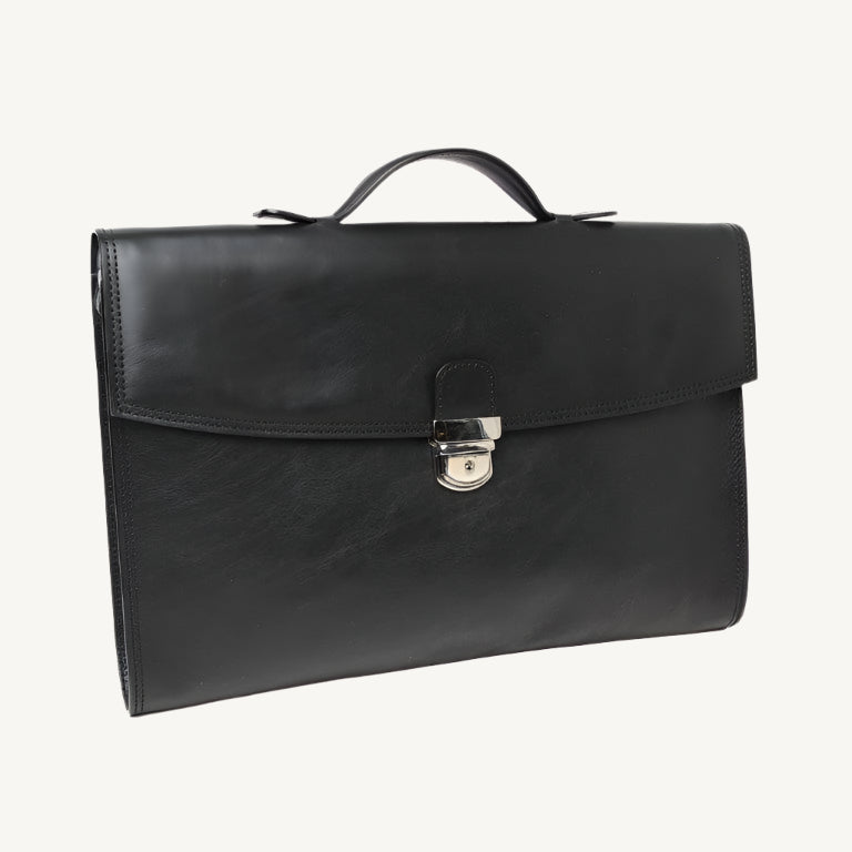 "Slim full-grain calfskin leather briefcase with lock and key closure, synthetic lining, and adjustable shoulder strap, designed for everyday business use."