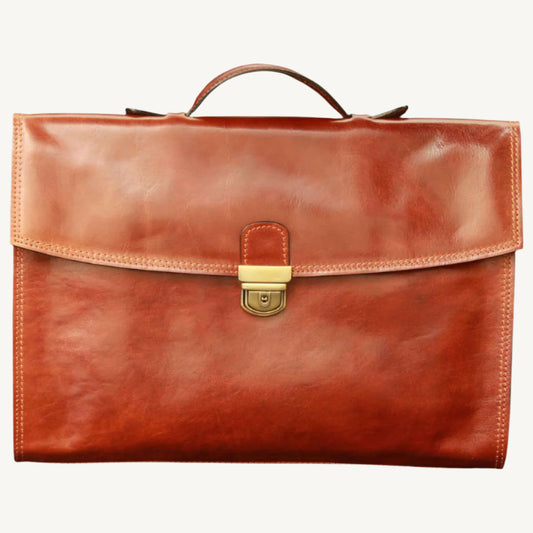 "Slim full-grain calfskin leather briefcase with lock and key closure, synthetic lining, and adjustable leather strap, perfect for modern professionals."