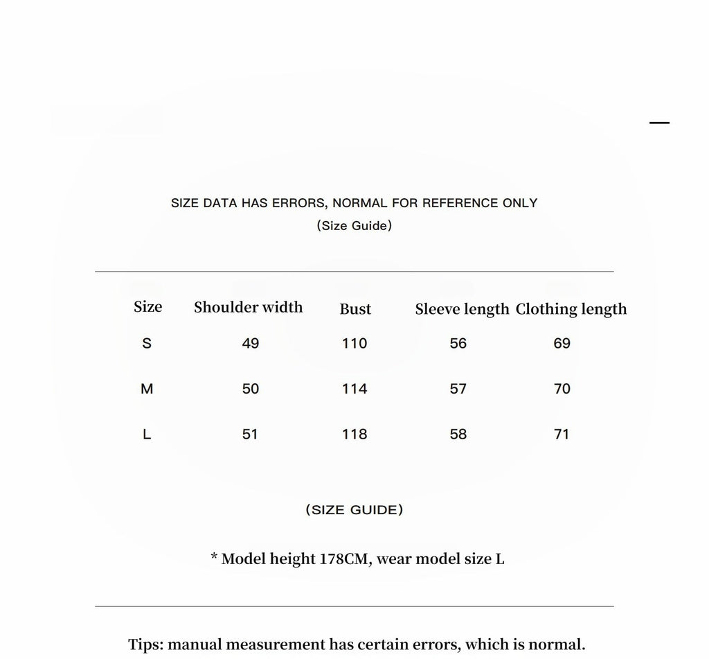 Size guide chart for clothing with measurements in centimeters