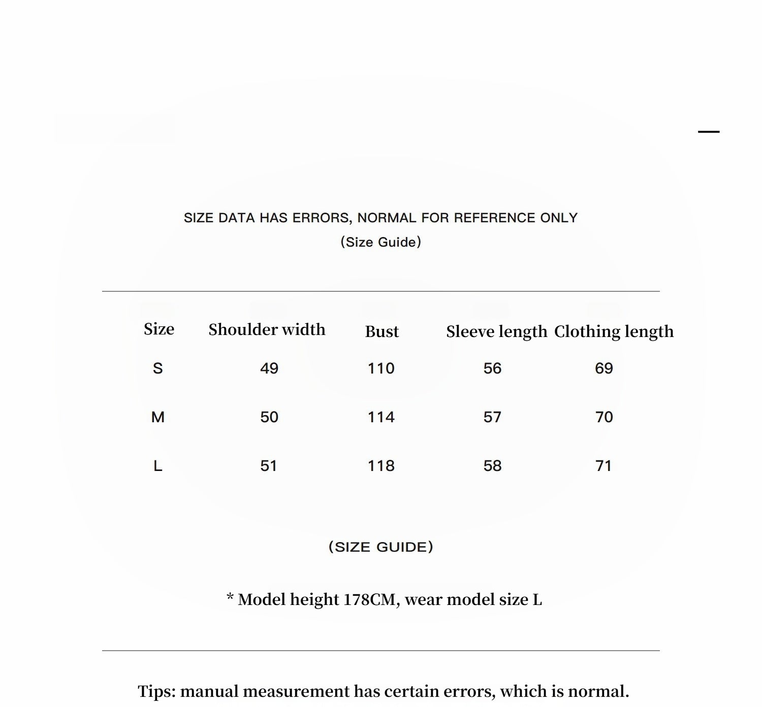 Size guide chart for clothing with measurements in centimeters