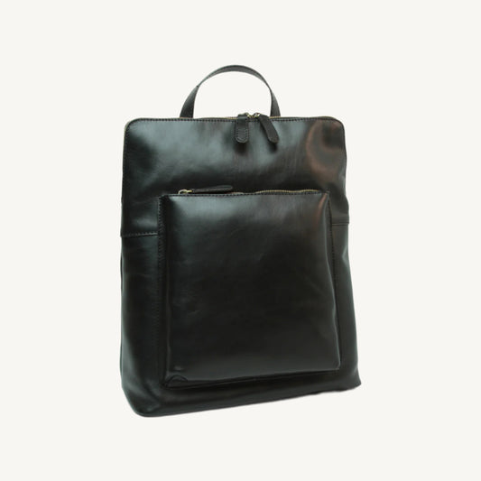 Full grain leather backpack, 30x39x11 cm, featuring “Made in Italy” polyester lining, two compartments, multiple zip pockets, and adjustable shoulder straps.