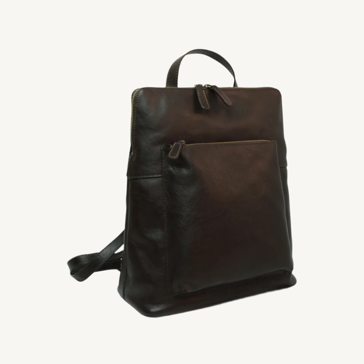Full grain leather backpack, size 30x39x11 cm, with printed “Made in Italy” polyester lining, two main compartments, multiple zip pockets, and adjustable shoulder straps.