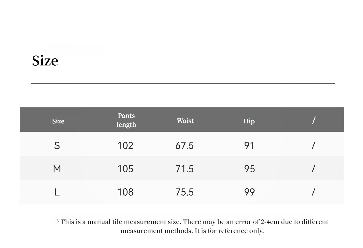 Size chart for pants with measurements in centimeters