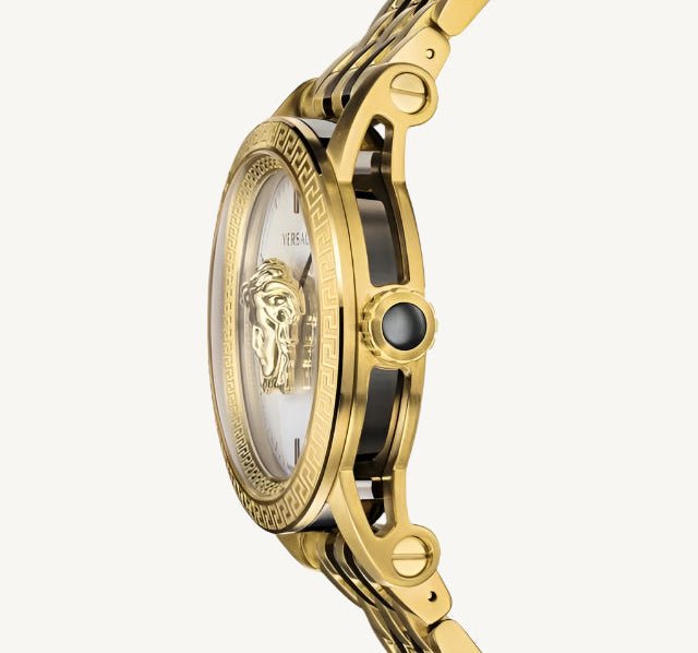 Versace Palazzo Empire men’s watch with silver dial, gold and grey two-tone stainless steel strap, and anti-reflective sapphire glass, Swiss made.