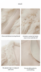 Close-up details of a fur garment with text describing features like sewing thread, fur hooks, placket edge, and movable pocket.