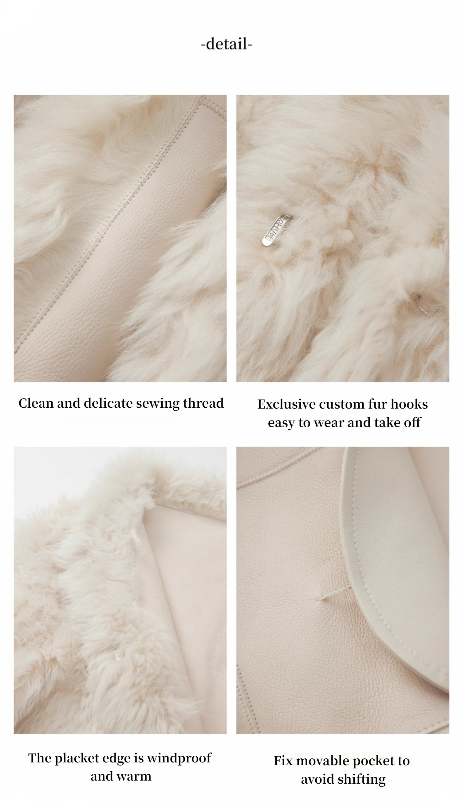 Close-up details of a fur garment with text describing features like sewing thread, fur hooks, placket edge, and movable pocket.