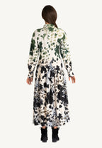 "Agnese Leopard Maxi Dress with ombré leopard print, Split V-neckline, waist-accentuating draping, and buttoned cuffs, crafted in Italy from natural viscose."