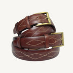 Premium full-grain cow leather belt with rhombus stitching and nubuck leather backing, 1.38 inches wide, designed for daily use.