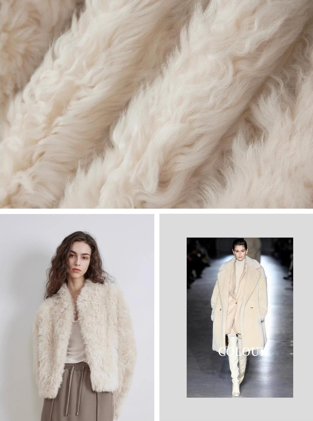 Collage of fur fabric, a woman wearing a fur coat, and a fashion runway with a model in a fur coat.